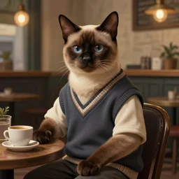 photography of a male anthropomorphic siamese cat fursona wearing a sweatervest sitting in a hipster coffee shop, deep focus, intricate, elegant, highly detailed, digital painting, artstation, concept art, matte, sharp focus, illustration, d & d, fantasy, hearthstone, art by artgerm and greg rutkowski and alphonse mucha