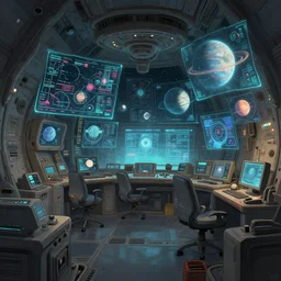 A beautiful artwork illustration, inside of an alien ship, cluttered with charts, images, and holograms of planets, featured on artstation, wide angle, horizontal orientation