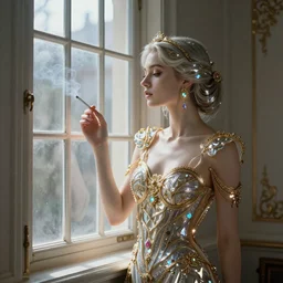 the girl holds a cigarette next to the window, Ultra-HD, HCL, 12-bit, AR, Volumetric Lighting, Screen Space Global Illumination, Opaque, Optics, Lumen Reflections, VFX, insanely detailed and intricate, hypermaximalist, elegant, ornate, hyper realistic, super detailed, full body,