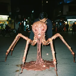 1 9 9 0, disposable camera, flash, pov, night scene, hanoi street square, male : creature, many legs, standing, meat, ooze, slime, veins, wet