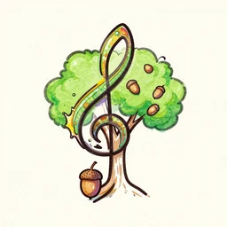single line drawing of an acorn growing into a tree in shape of treble clef, splash of color, isometric