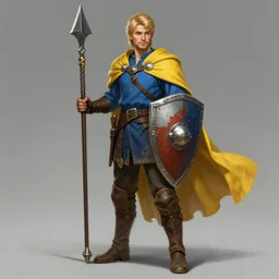 highly detailed concept art of a rugged young knight with blonde hair and blue eyes and a short beard  wearing a blue shirt and a yellow cape and leather boots holding a shield and a warpick, by Piotr Dura, concept art, realistic, masterpiece, ArtStation