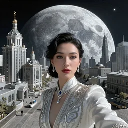 Сyberpunk style selfie in a Russian city on the Moon, Neo Norilsk, sci-fi, fantasy, intricate, very very beautiful, elegant, highly detailed, smooth, Unreal Engine 5, sharp focus, by Evgeny Zubkov, by Marat Zakirov, trending on Behance