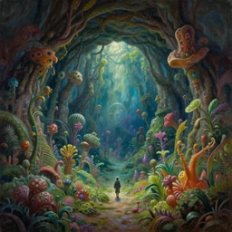fantasy oil painting, portal to hidden underground place with microscopic magic forest world, exotic vegetation, art by brothers hildebrandt, book cover illustration, sharp focus, extremely detailed