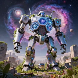 A giant robot in city ruins overtaken by vegetation, Little planet, An Odyssey Beyond Reality, cinematic, hyper realism, high detail, octane render, unreal engine, 8k, vibrant color, from the spirals of galaxies to the hexagonal shapes of snow crystals, futuristic toaster with complex circuitry, Potions for the modern adventurer, by andrea chiampo and chet zar