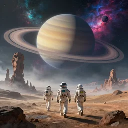 figures in space suits walk on an alien planet, sci - fi, huge saturn with rings in the background, vibrant nebula, strange rock formations, rolling hills, atmospheric, misty, artstation, deviantart, 8 k, ultra hd