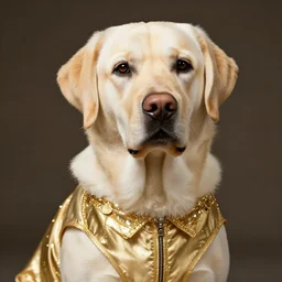 a photo of a female labrador dog wearing golden noble clothes, high quality, high detail, 8K, portait photo