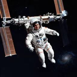 pippi in space suit out in space tethered to the international space station,stars, galaxies