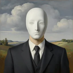 portrait of a faceless masked - head man in a suit, clouds and nature landscape in the background, by rene magritte, detailed painting, distance, centered, hd, hq, high resolution, high detail, 4 k, 8 k
