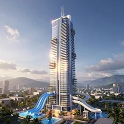 single skyscraper with air source heat pumps and waterpark slides, unreal 5, daz, hyperrealistic, octane render cinematic volume inner glowing aura global illumination ray tracing hdr, by pixar