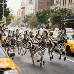 polychromatical zebras running on a stampede in maddison avenue, jumping taxis, view from the buildings, realistic