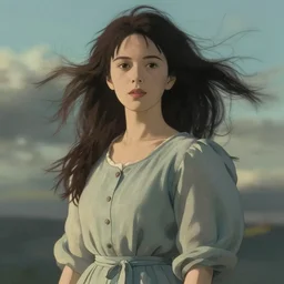 portrait of a beautiful woman standing in the wind with her dress blowing in the wind, highly detailed, by john william waterhouse, and studio ghibli, victo ngai, surreal, dramatic lighting, close up