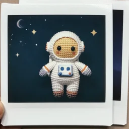 polaroid of a cute toy crochete astronaut in real space