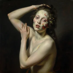 oil painting portrait dark background of a seductive mutant wonderful woman with a strange disturbing face made of flowers and starnge texured surfaces by otto marseus van schriek rachel ruysch christian rex basquiat van minnen dutch golden age dramatic lighting chiaroscuromodern woman | hyperrealistic | action pose | digital painting | trending on artstation, pinup portrait, clean, illustration