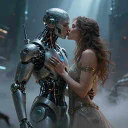 ultra realistic medium shot of a couple of cyborgs kissing, lovers, romantic, cyberpunk, sci - fi, fantasy, kodak, colour led, soft light, volumetric lighting, fog, rays, night, intricate, highly detailed, digital painting, concept art, smooth, sharp focus, illustration, art by artgerm and greg rutkowski and alphonse mucha