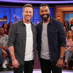 troy and abed in the morning tv show, with audience on the background
