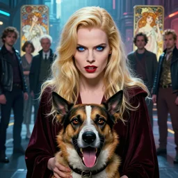 realistic detailed movie shot of a beautiful blond vampire woman with an angry dog, futuristic street background by jean delville, amano, yves tanguy, alphonse mucha, ernst haeckel, edward robert hughes, roger dean, rich moody colours, blue eyes