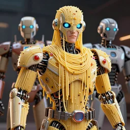 a hyper real comic book style portait painting of robots made of spaghetti, unreal 5, hyperrealistic, octane render, cosplay, rpg portrait, dynamic lighting