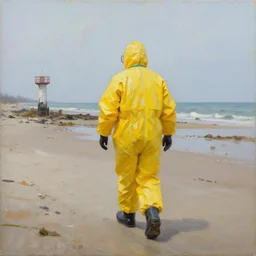 a man in a yellow hazmat walking on an abandoned beach, oil painting