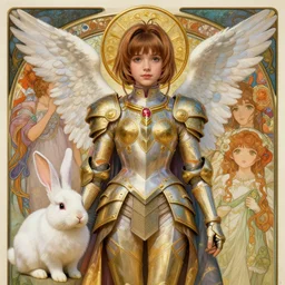 usagi bunny rabbit, lain iwakura, rei ayanami plug suit, card captor sakura, 3 d render beeple, realistic detailed painting of a 1 6 - year old girl who resembles millie bobby brown, as an angel with a golden halo wearing intricate, detailed art nouveau armor and silk, by alphonse mucha, ayami kojima amano, charlie bowater, karol bak, greg hildebrandt