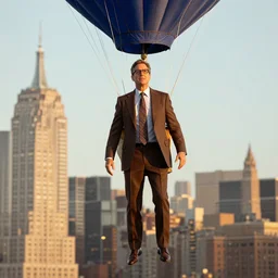 Andy Richter wearing a brown suit and necktie floating in a hot air balloon about nyc