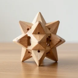 a stellated icosahedron made wood sitting on a table