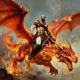 a detailed rendition of kratos as lebron james riding a gigantic fire breathing dragon, art by norman rockwell