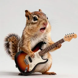 a high quality photo of a chipmunk singing and playing electric guitar, render, ultra realistic, cgsociety
