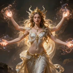 “a beautiful portrait of the goddess of destruction full body with arms outstretched and magical energy emanating from her hands”