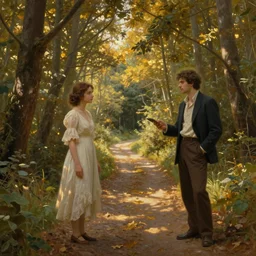A path through a forest, landscape, Anya_Taylor-Joy, Cory Chase, Eva Green, François Boucher, Oil Painting, hyperrealistic, Detailed Digital Art, Michael Cheval, Volumetric Golden dappled dynamic lighting, Highly Detailed, Cinematic Lighting, Unreal Engine, 4k