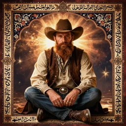 bearded cowboy sitting cross legged, persian folkore artstyle, calligraphy border