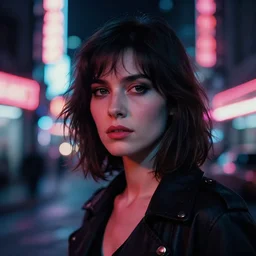 A hyper realistic and detailed head portrait photography of a Rachael of Blade Runner on a futuristic street. by Annie Leibovitz. Neo noir style. Cinematic. neon lights glow in the background. Cinestill 800T film. Lens flare. Helios 44m