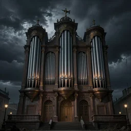 dark fantasy matte painting of a city-size pipe organ at night, dark stormy weather by beksinsky and Goya, fine detail
