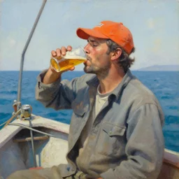 oil painting of a man wearing an orange stocking cap in a fishing boat at sea. he is drinking beer
