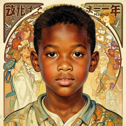 colourful upper half portrait of an african boy - in japanese retro poster illustration style, magazine collage art by hsiao - ron cheng & alphonse mucha, magazine collage, highly detailed, digital painting, illustration, smooth, sharp focus, intricate, clustered, busy, pinterest, behance,