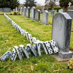 graveyard where all the gravestones are arranged like dominoes that are falling over in line