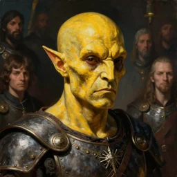 ( ( ( head and shoulders portrait of a gaunt noseless yellow - skinned bald githyanki warrior in a breastplate ) ) ), greg rutkowski, frank frazetta, alexandre chaudret, boris vallejo, michael whelan, miro petrov, hr giger, magali villeneuve, donato giancola, d & d, fantasy, medieval