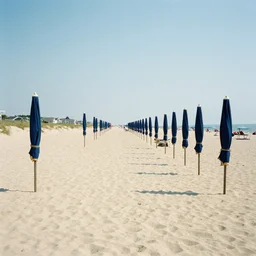 rows of open beach umbrellas lining a sandy cape cod beach, contemporary archival color photograph print from the original negative