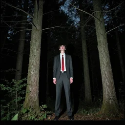 a man with tall limbs wearing a suit with red tie caught on midnight trail cam, night, tall trees, morbid, uncanny, artstation