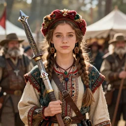 detailed ultrarealistic photography front medium shot of dnd fantasy festival ethnic rustic emma girl dragonslayer leyendecker, norman rockwell, greg rutkowski, jim henson artstation cinematic, vray game of thrones, lord of the rings
