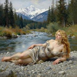 a painting of a very beautiful blonde woman wearing a sexy dress and lying on pebbles by a beautiful river in a virgin forest with snowy mountains in the background, in the style of rosa bonheur, amazing detail, realistic, award winning