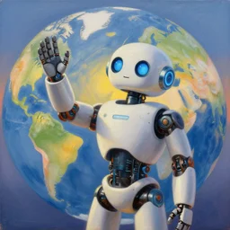 An AI-controlled robot waving hello to the world at the dawn of a new day, by Greg Rutkowski Thomas Kincade, detailed, 4k, ArtStation, canvas painting, emotional, beautiful, hopeful
