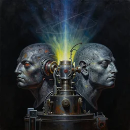 oil painting of tamiscolaris heads mixed by sentient cern hadron collider gear box, gradient atomic sky hellstorm, black light art painting, cinematic, in style of geof darrow & frazetta