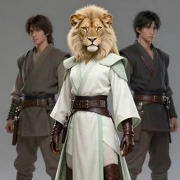 beautiful portrait of a female anthropomorphic lioness fursona with pale fur wearing pale - white and pale - green jedi robes. leather gloves. leather boots. leather belt. character design by charlie bowater, ross tran, artgerm, and makoto shinkai, detailed, soft lighting, rendered in octane