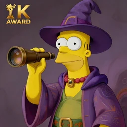 an anthropomorphic beautiful homer simpson alien wizard portrait holding a telescope wearing colourful robe, fine art, award winning, intricate, elegant, sharp focus, octane render, hyperrealistic, wizard hat cinematic lighting, highly detailed, digital painting, 8 k concept art, art by jamie hewlett and z. w. gu, masterpiece, trending on artstation, 8 k