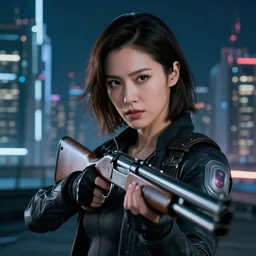 photographic portrait of a techwear woman holding a shotgun, closeup, on the rooftop of a futuristic city at night, sigma 85mm f/1.4, 4k, depth of field, high resolution, 4k, 8k, hd, full color, Robocop, Die Hard, movies with guns, movie firearms, face closeups