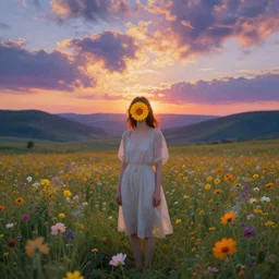 girl with a flower face, surreal portrait photography, dreamlike, standing in flower field, in a valley, sunrise dramatic light, impressionist painting, colorful clouds, artstation, simon stalenhag