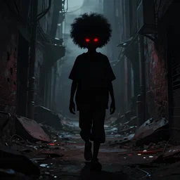 a dynamic long shot portrait of the silhouette of a black boy with an afro walking through a post apocalyptic alley with glowing red eyes in the shadows, by simon stalenhag, dark and ominous, digital illustration, behance, rendered in unreal engine 5, rim lighting, ray tracing, 8 k, hd