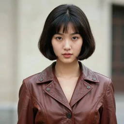ektachrome, telephoto, highly detailed : incredibly realistic, youthful asian demure, exquisite features, feminine cut, photo 1 9 7 0 s frontiers in flight leather suit cosplay fashion, jack cardiff, gaston bussiere
