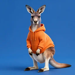 a portrait photo of a kangaroo wearing an orange hoodie and blue sunglasses holding a sign on the chest that says welcome friends, subject : kangaroo, subject detail : wearing orange hoodie, wearing blue sunglasses, subject action : holding sign